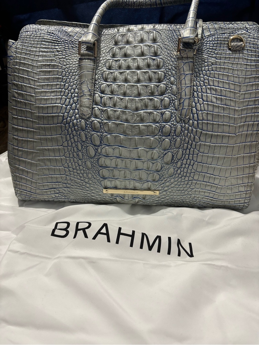 Brahmin Metallic Silver Croc-Embossed Satchel